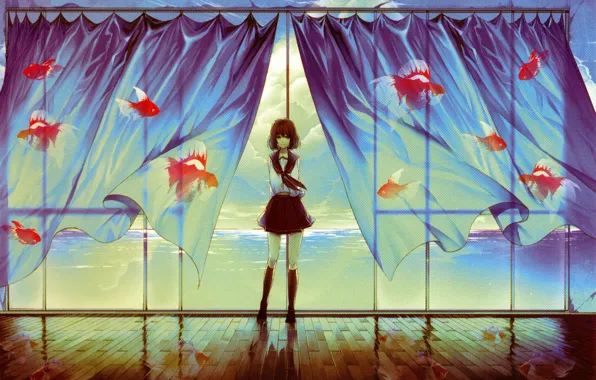 Картинка окно, золотые рыбки, занавески, школьница, art, Mitabi Irohara