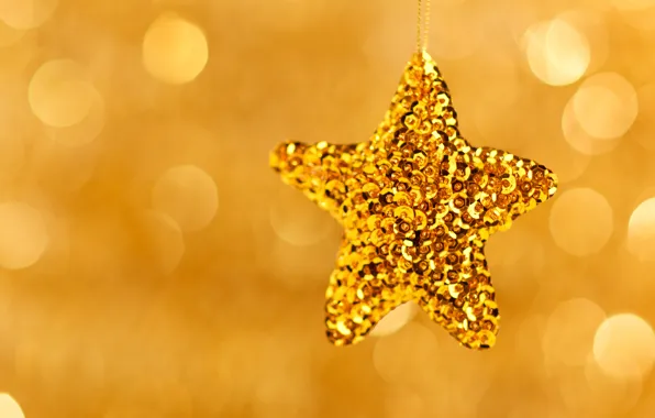 Картинка игрушка, звезда, праздники, боке, новогодняя, золотая, елочная