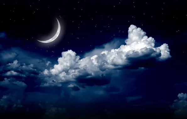 Картинка небо, звезды, облака, пейзаж, ночь, природа, луна, moon, sky, landscape, nature, night, clouds, stars, moonlight, …