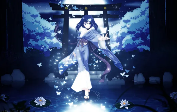 Картинка девушка, деревья, бабочки, ночь, природа, луна, аниме, арт, кимоно, cilou, hatou yumei, akai ito