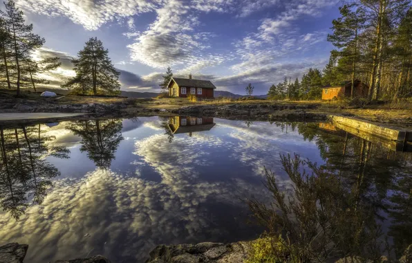 Картинка облака, деревья, озеро, отражение, дома, Норвегия, Norway, Рингерике, Ringerike