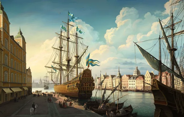 Картинка город, люди, лошадь, человек, пристань, дома, корабли, лодки, паруса, погрузка, приплыли