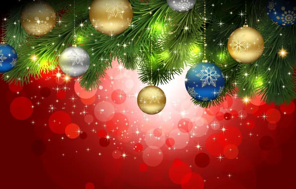 Картинка шарики, украшения, иголки, блики, праздник, шары, узор, игрушки, блеск, рождество, ветка, снежинка