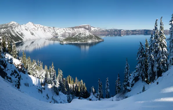 Картинка зима, панорама, USA, США, Oregon, panorama, winter, Crater Lake, Озеро Крейтер, штат Орегон