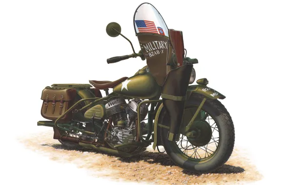 Картинка цвета, двигатель, модель, арт, солдат, хаки, мотоцикл, СССР, американский, был, Harley-Davidson, для, том, ленд-лиза, WW2., …
