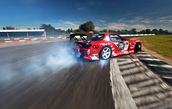 Картинка Mazda, Red, Drift, Sky, Smoke, RX-7, Tuning, Sportcar, competition