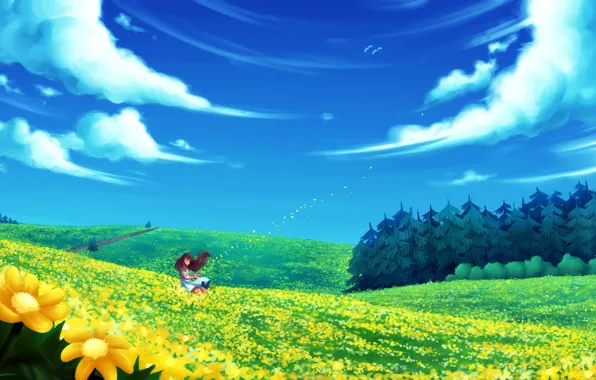 Картинка поле, лес, лето, девушка, облака, цветы, ветер, арт, ель. дорога