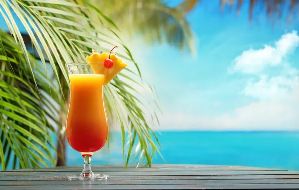 Картинка море, пляж, коктейль, summer, фрукты, beach, fresh, sea, fruit, paradise, drink, cocktail, tropical