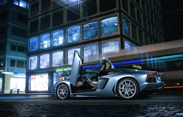 Картинка Roadster, Lamborghini, City, LP700-4, Aventador, Supercars, Road, Silver, Door, Ligth