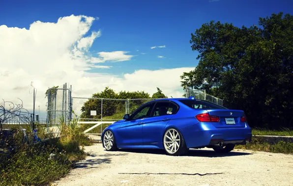 Картинка бмв, BMW, wheels, blue, 335i, vossen, 3 серия, f30, rearside