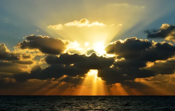 Картинка солнце, облака, лучи, океан