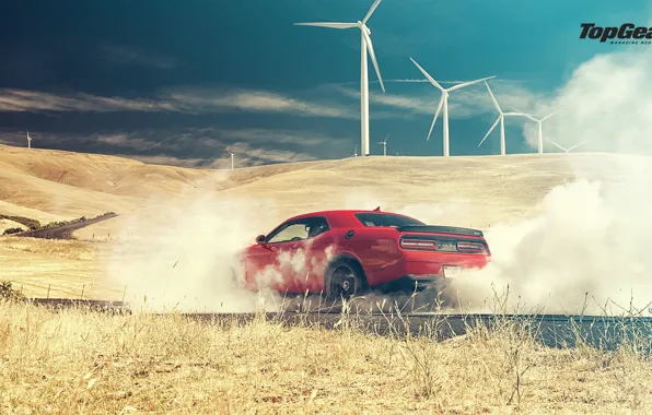 Картинка Top Gear, Dodge, Challenger, Red, Smoke, Hellcat, SRT, Rear, 2015