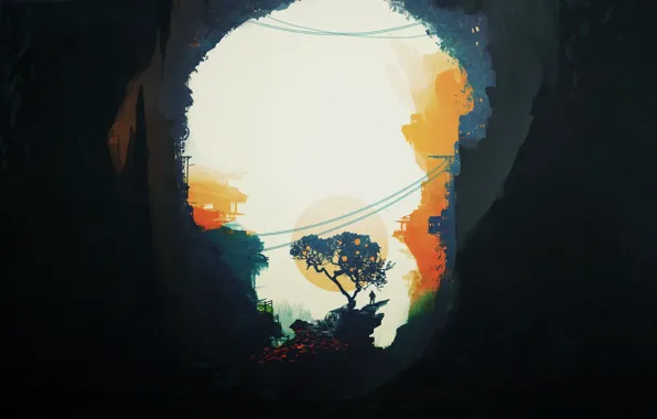Картинка деревья, дом, человек, пещера