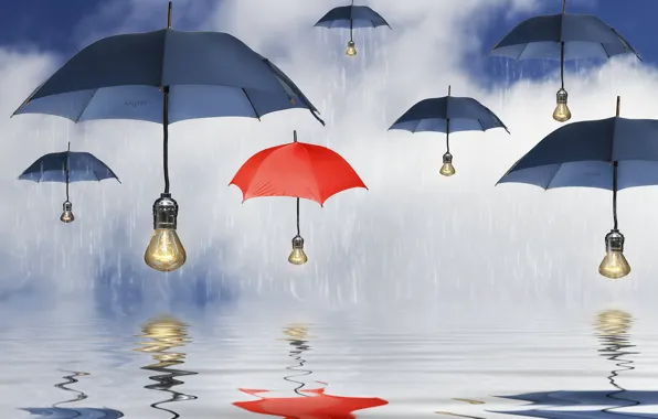 Картинка вода, отражение, дождь, зонтики, зонты, лампочки