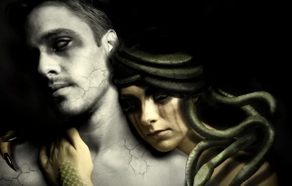 Картинка змеи, фантастика, когти, статуя, парень, Medusa, каменный, медуза горгона