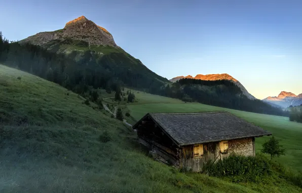 Картинка горы, природа, дом, Austria, Sunrise at Tirol