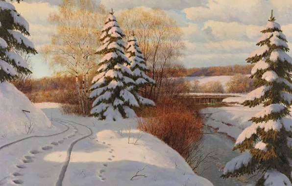 Картинка зима, снег, деревья, пейзаж, следы, река, берег, елки, картина, березы, Борис Бессонов