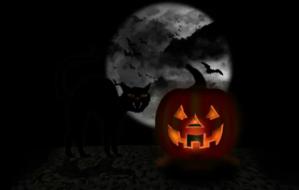 Картинка тьма, пасть, летучая мышь, полнолуние, черный кот, Happy Halloween, светильник джека