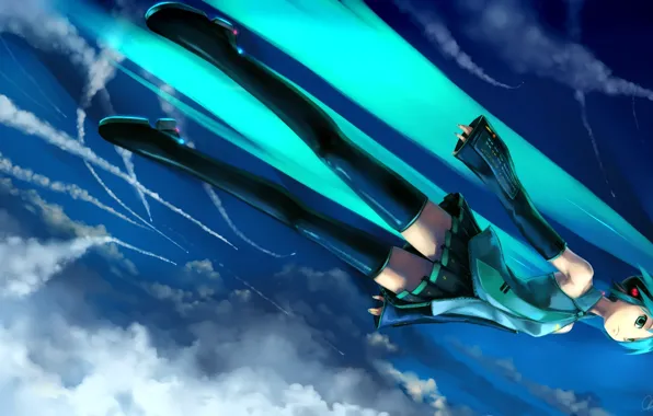 Картинка облака, vocaloid, Hatsune Miku, летит, голубые волосы, синее небо, черные чулки, след от самолета, ракета …