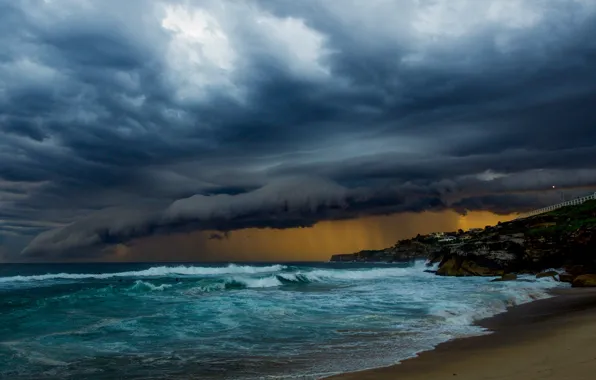 Картинка waves, storm, beach, cloudy, raining, troubled sea