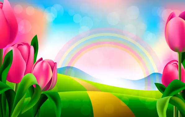 Картинка рисунок, радуга, тюльпаны
