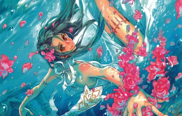 Картинка девушка, цветы, пузыри, аниме, лепестки, арт, под водой, midori foo