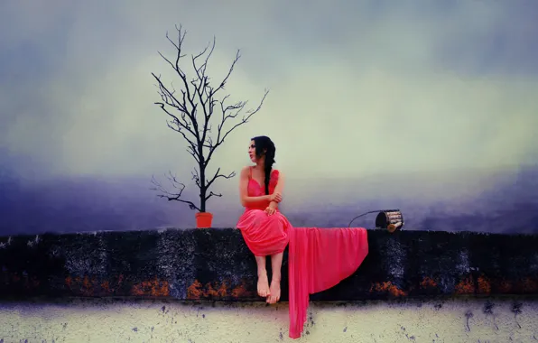 Картинка стена, дерево, ноги, wall, красное платье, tree, мышление, red dress, feet, thinking