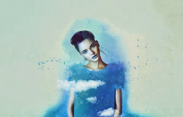 Картинка взгляд, облака, птицы, краски, модель, Rosie Tupper
