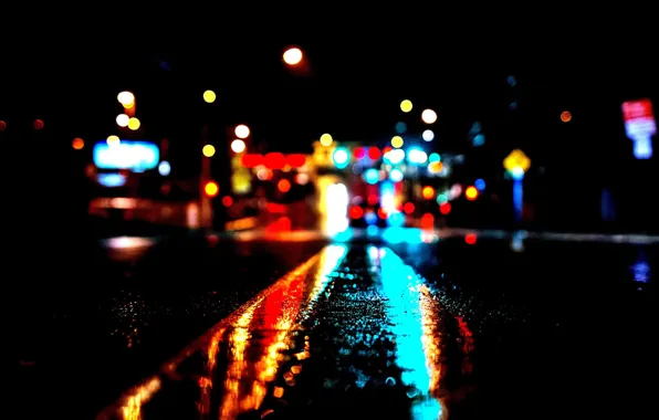 Картинка city, lights, night, bokeh, high, contrast, rainy