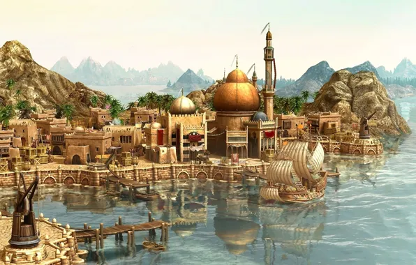 Картинка city, город, корабль, порт, путешествие, Anno 1404, прибытие, game wallpapers, ship, rendering, arrival