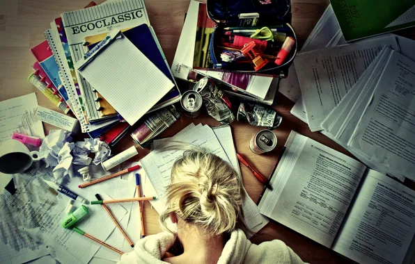 Картинка девушка, книги, кофе, ручка, карандаш, тетради, Учеба