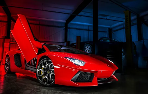 Картинка красный, Lamborghini, бокс, red, ламборджини, LP700-4, Aventador, ламборгини, открытая дверь, подъёмник, ламбо двери, Kahn Design