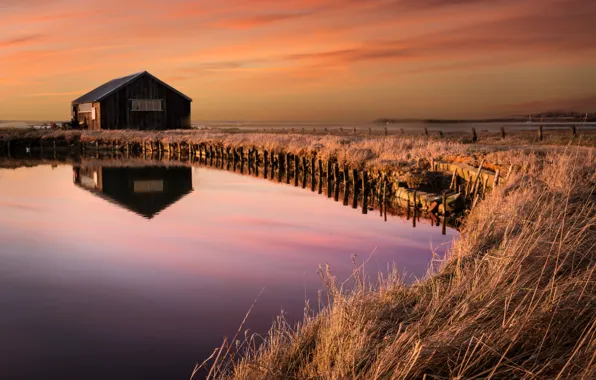 Картинка grass, sunset, water, reflection, barn, marsh