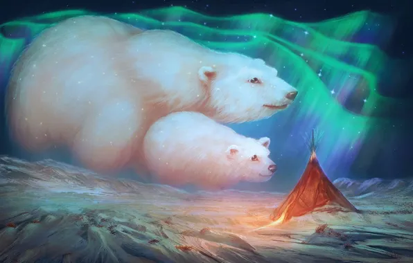 Картинка снег, горы, северное сияние, медведи, MariLucia