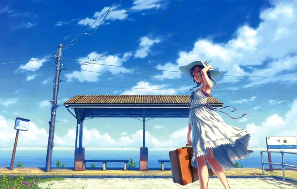 Картинка небо, трава, девушка, облака, цветы, ленты, ветер, провода, столб, станция, шляпа, платье, чемодан, art, косичка, …