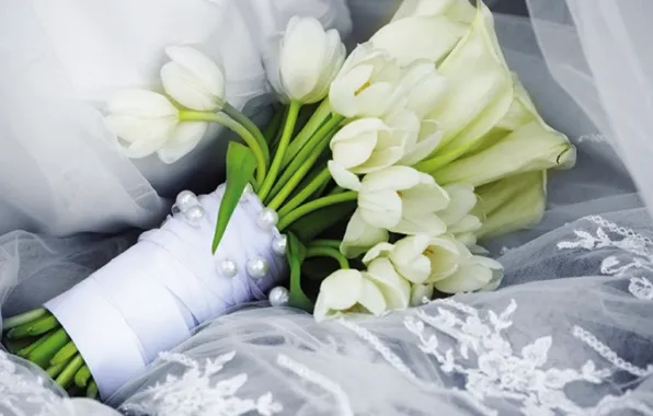 Картинка white, beautiful, tulips, lovely, bouquet, wedding, delicate, tulip, lace, softness