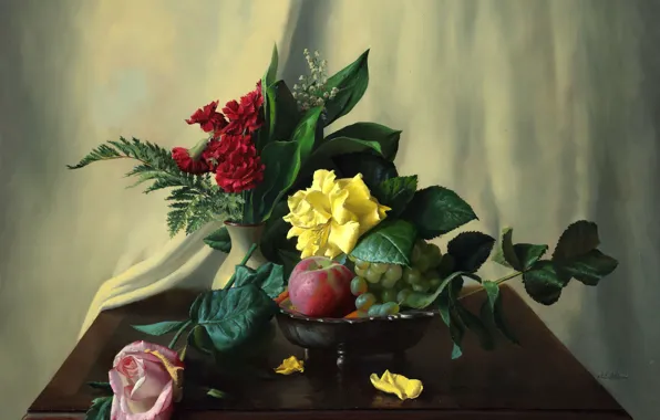 Картинка цветы, ягоды, яблоки, розы, картина, фрукты, натюрморт, папоротник, ландыши, столик, гвоздики