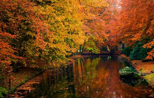 Картинка осень, вода, деревья, фото, романтика, лодка, красота