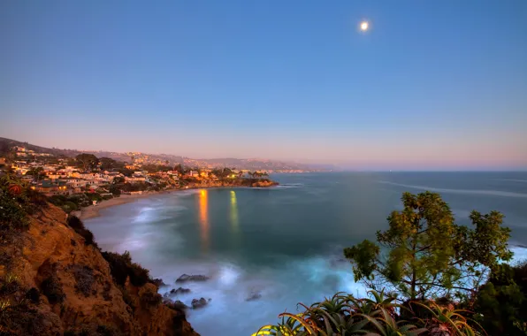 Картинка огни, океан, Луна, California, Laguna Beach, Crescent Bay Point Park