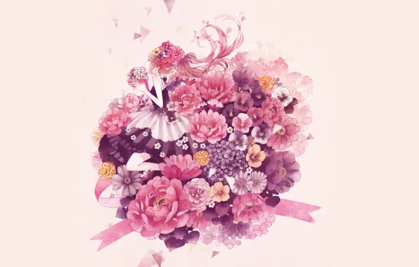 Картинка цветы, букет, девочка, лента