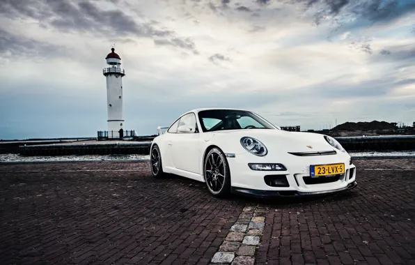 Картинка море, белый, небо, маяк, 911, 997, Porsche, white, порше, sky, sea, GT3, lighthouse