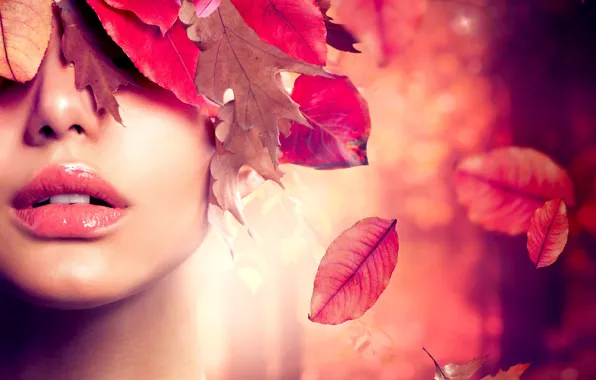 Картинка осень, листья, девушка, губы, листопад