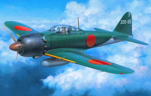 Картинка небо, война, истребитель, арт, Mitsubishi, японский, палубный, WW2, Zero, Reisen, A6M5