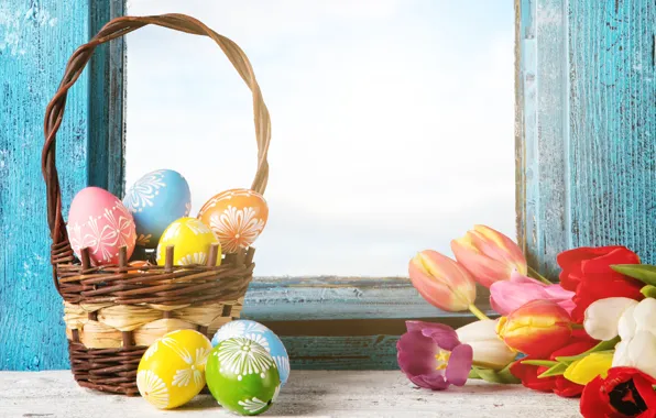Картинка цветы, яйца, весна, окно, Пасха, тюльпаны, flowers, tulips, spring, Easter, eggs, decoration, basket, Happy