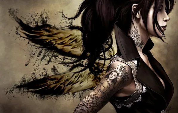 Картинка Девушка, ангел, татуировка на руке мужчины