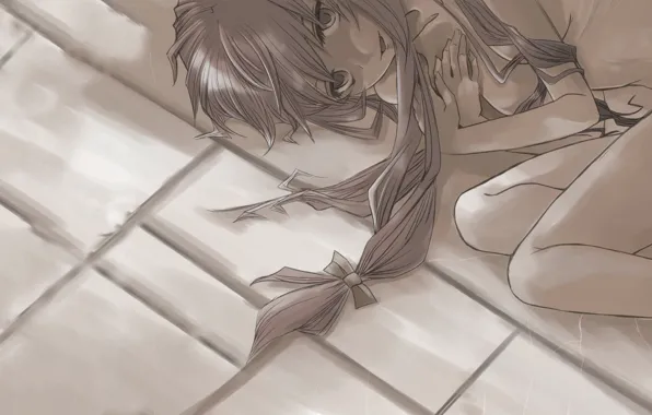 Картинка девушка, волосы, плитка, лежит, бант, mirai nikki, Gasai Yuno