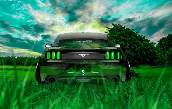 Картинка Mustang, Ford, Природа, Трава, Машина, Стиль, Форд, Обои, Muscle, Мустанг, Car, Nature, Grass, Зеленая, Photoshop, …