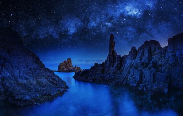 Картинка скалы, звёзды, Blue Monolith