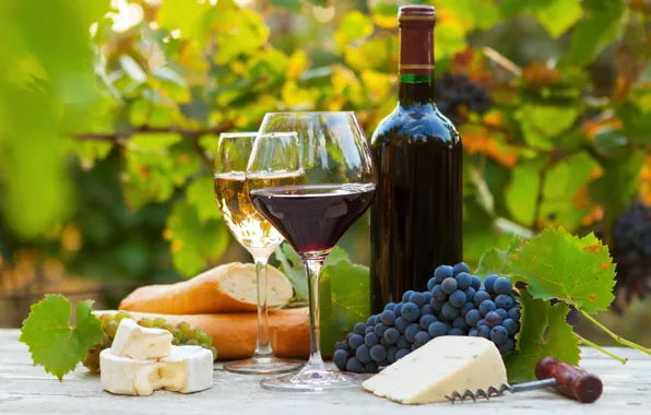 Картинка вино, красное, белое, бутылка, сыр, бокалы, хлеб, виноград, багет, штопор