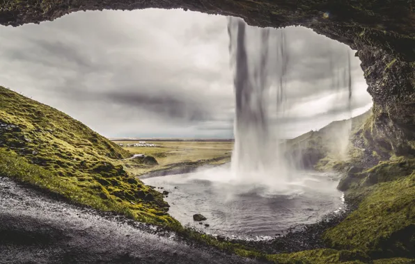 Картинка природа, водопад, Исландия, nature, waterfall, облачно, iceland, cloudy
